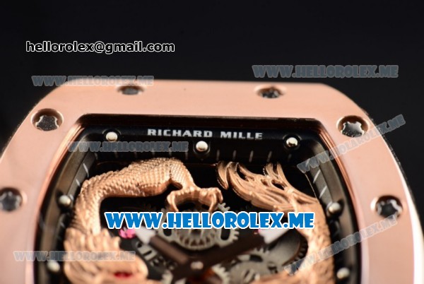 Richard Mille RM 51-01 Tourbillon Tiger and Dragon Asia Manual Winding Rose Gold Case with Seleton Dial and Dot Markers Black Rubber Strap - Click Image to Close